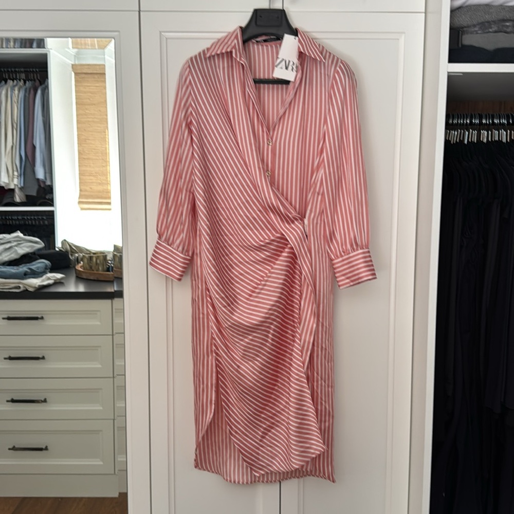 Zara Silk Pink Striped Long Sleeve Dress - Picture 3 of 4